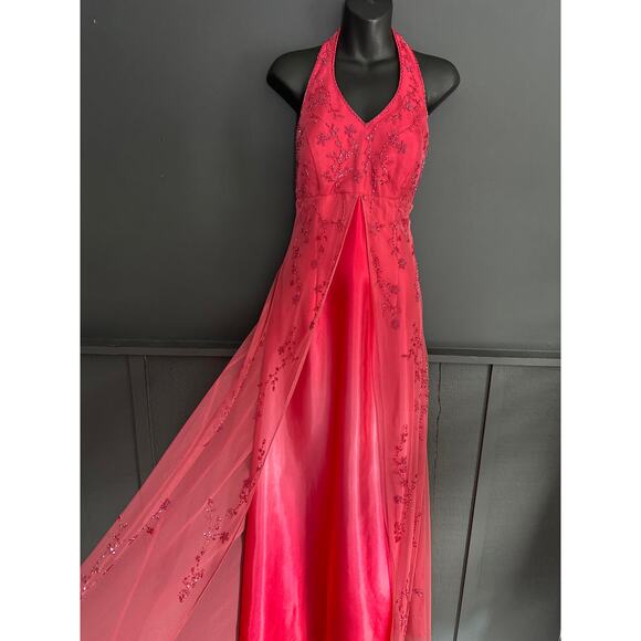 Vintage 90s Pink Ombré Halter Beaded Mesh Satin Night Way Gown Dress Prom Sz 10